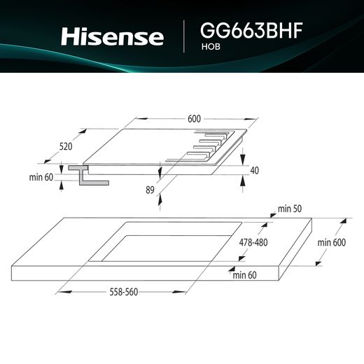 Hisense Hi2 HIPK2PBN60G1 Built In Single Oven & Gas Hob - Black