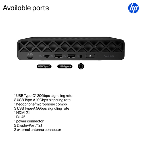 HP ProDesk 4 Mini G1i AI, Intel Core Ultra 7, 265T, 16 GB, DDR5-SDRAM, 512 GB, Windows 11 Pro