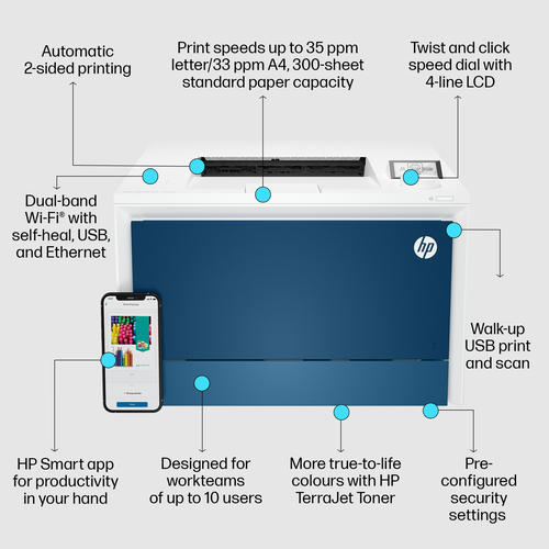 HP Color LaserJet Pro 4202dw Printer, Color, Printer for Small medium business, Print, Wireless; Print from phone or tablet; Two-sided printing, Laser, Colour, 600 x 600 DPI, A4, 33 ppm, Duplex printi