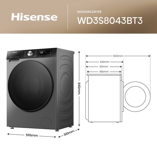 Hisense 3S Series WD3S8043BT3 Washer Dryer - Titanium