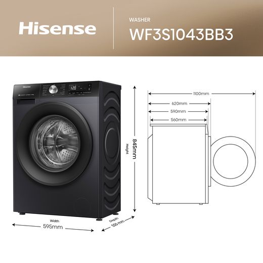 Hisense 3S Series WF3S1043BB3 10.5Kg Washing Machine with 1400 rpm - Black