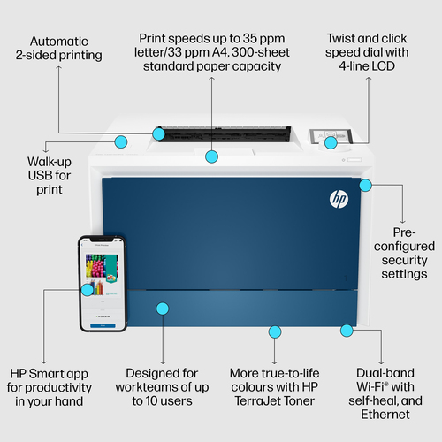 HP Color LaserJet Pro 4202dw Printer, Color, Printer for Small medium business, Print, Wireless; Print from phone or tablet; Two-sided printing, Laser, Colour, 600 x 600 DPI, A4, 33 ppm, Duplex printi