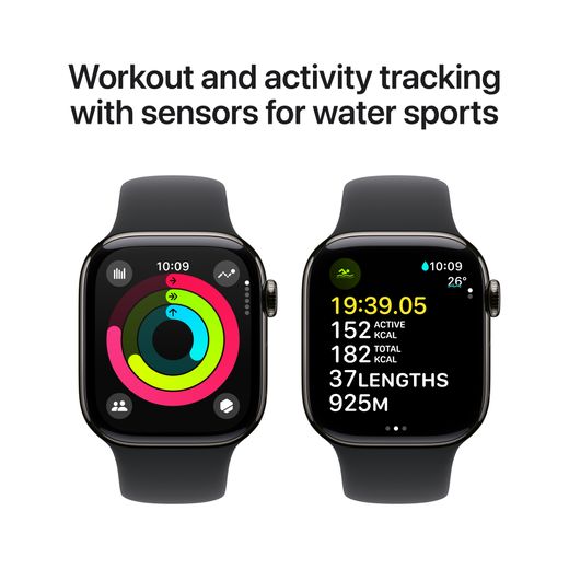 Apple Watch Series 10, 42mm, Slate Titanium Case, GPS + Cellular [2024] - Black Sport Band - S/M
