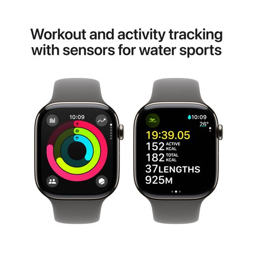 Apple Watch Series 10, 46mm, Natural Titanium Case, GPS + Cellular [2024] - Stone Grey Sport Band - S/M