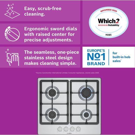 Bosch Series 4 PGP6B5K90 Built In Gas Hob - Stainless Steel