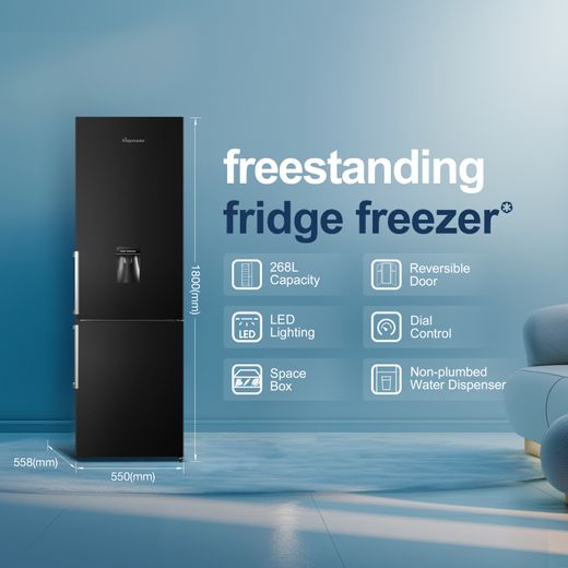 Fridgemaster Freestanding 180cm High E Rated 70/30 Fridge Freezer - Black - MC55265DEB