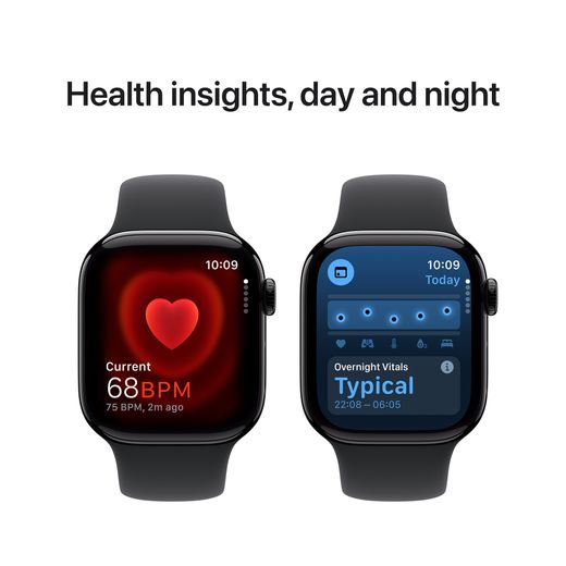 Apple Watch Series 10, 42mm, Jet Black Aluminium Case, GPS [2024] - Black Sport Band - S/M