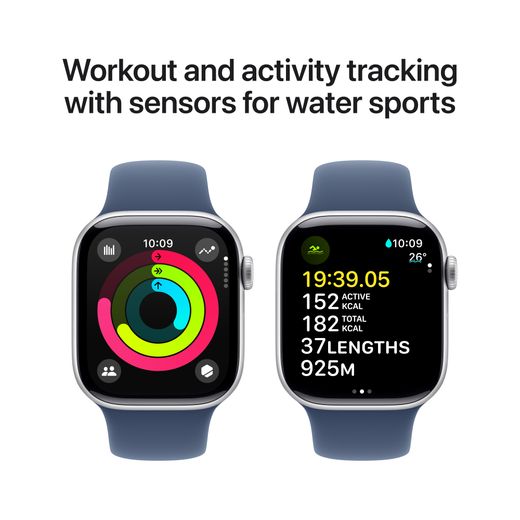 Apple Watch Series 10, 42mm, Silver Aluminium Case, GPS + Cellular [2024] - Denim Sport Band - S/M