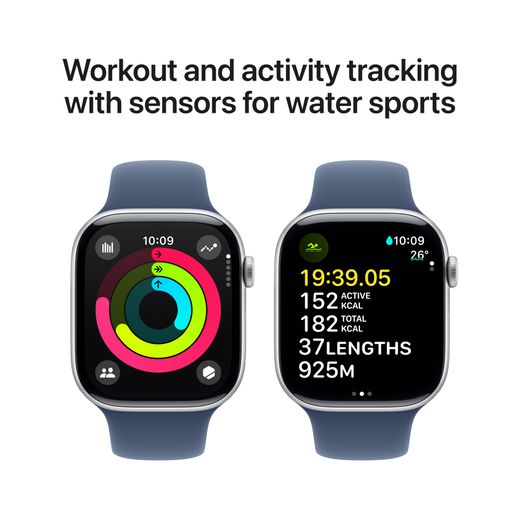 Apple Watch Series 10, 46mm, Silver Aluminium Case, GPS [2024] - Denim Sport Band - S/M