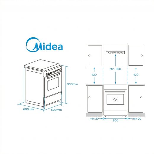 Midea MFO20DME4H109-WH Freestanding Electric Cooker - White - Needs 7600KW Electrical Connection