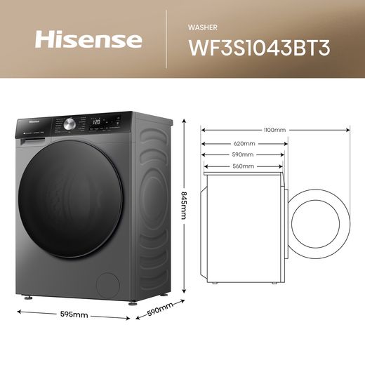 Hisense 3S Series WF3S1043BT3 10.5Kg Washing Machine with 1400 rpm - Titanium